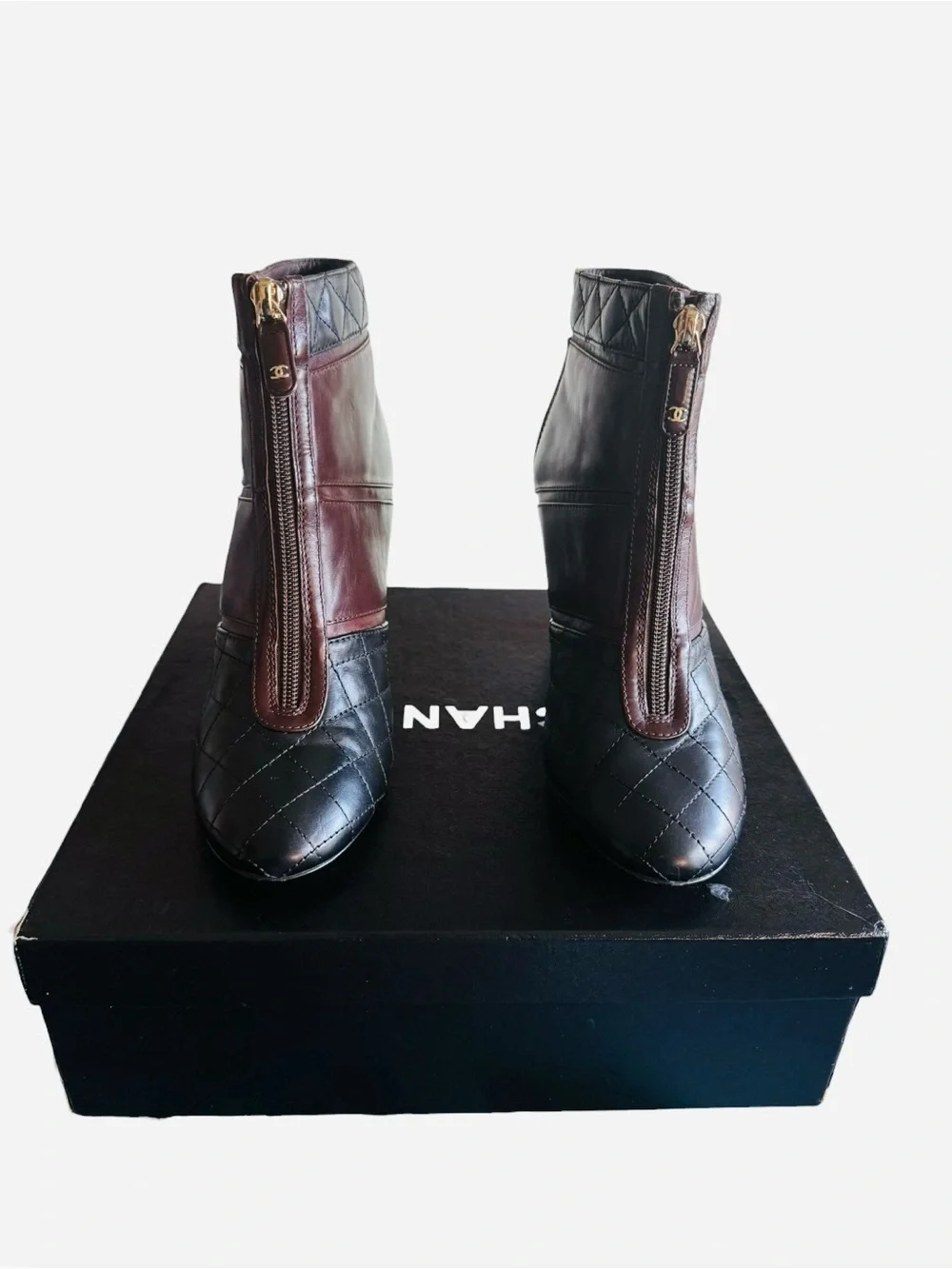 Chanel Quilted Two-Tone Leather Ankle Boots Burgundy & Black Sz EU 39.5/US 9.5